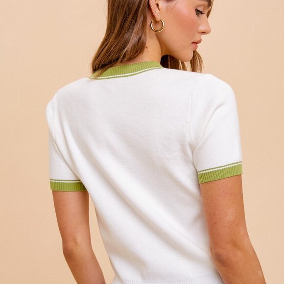 HEM & THREAD White & Green Short Sleeve Button-Up Cardigan Top, Contrast Trim - Picture 2 of 6